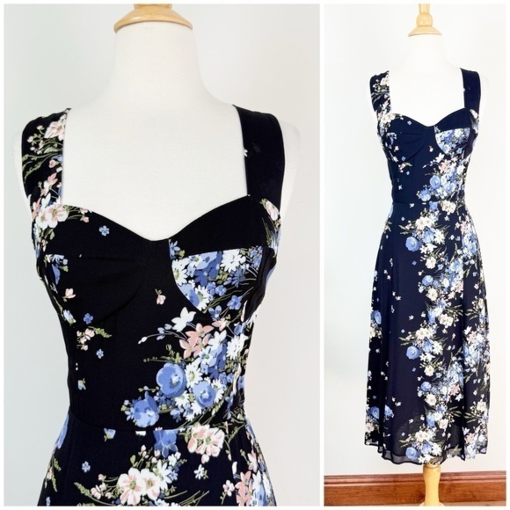💋Reformation Black and Blue Floral Midi Dress